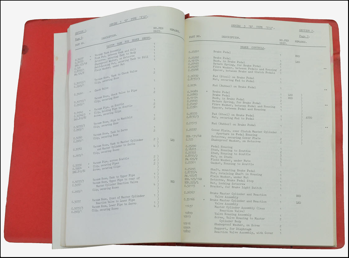 Jaguar E Type V12 Interim Parts List