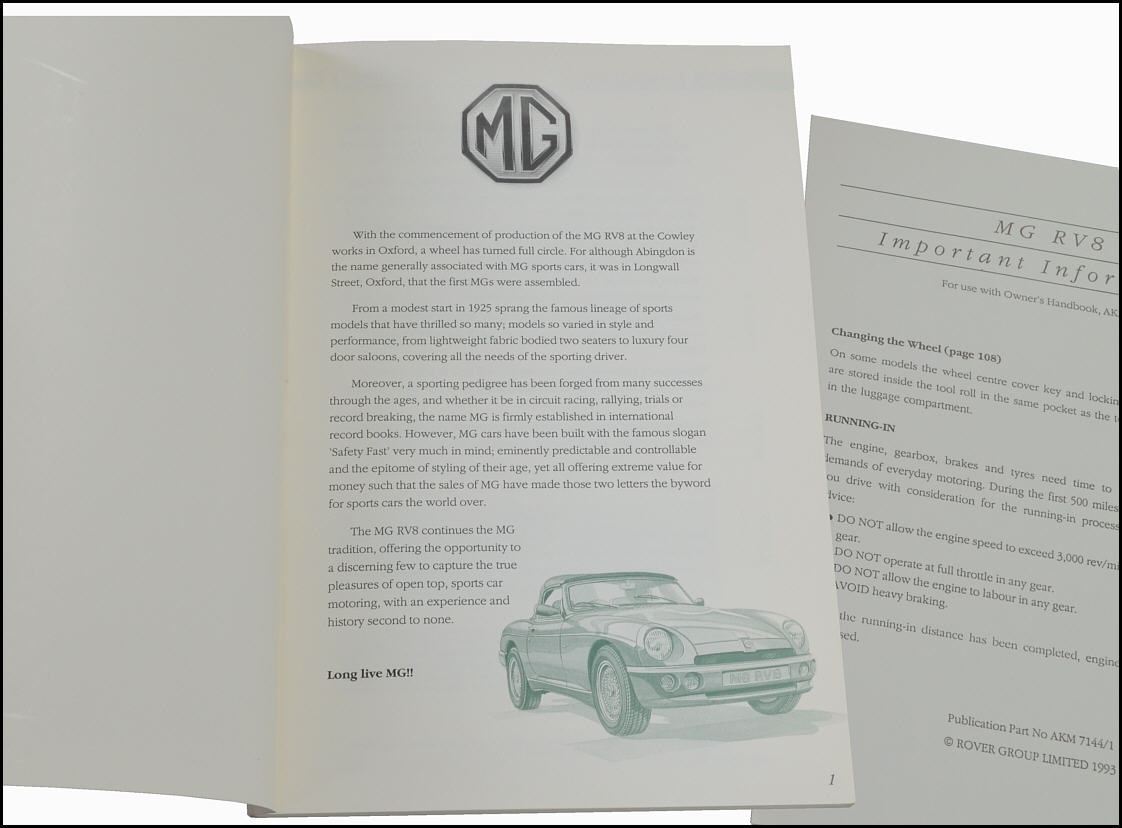 MG RV8 Owner's Handbook